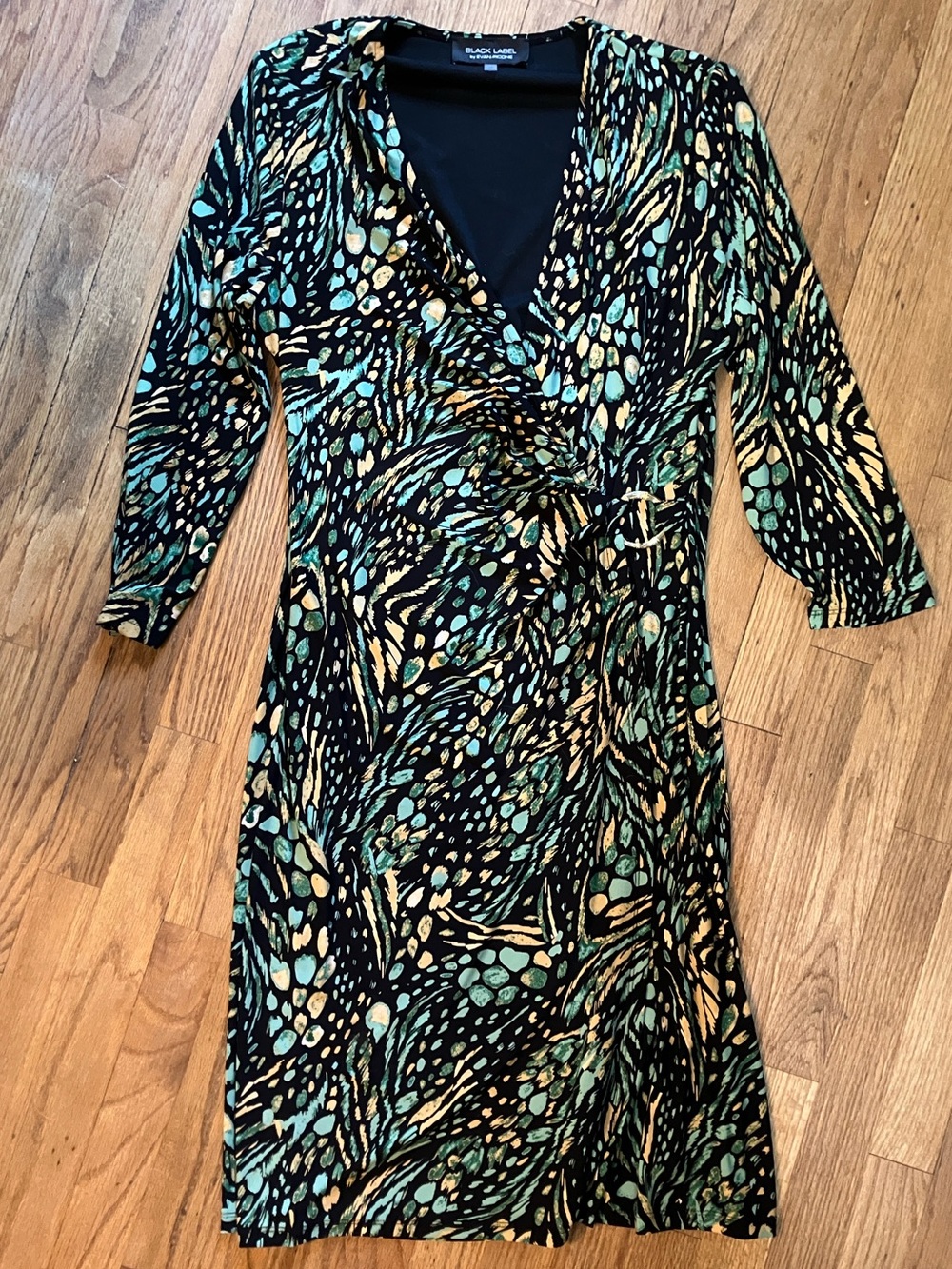 Evan Picone Black Wrap Dress with Teal and Cream Abstract Print